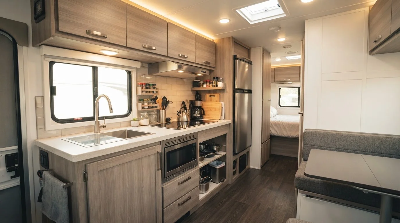 RV Kitchen Layouts: Galley, Island, and L-Shape Configurations Compared